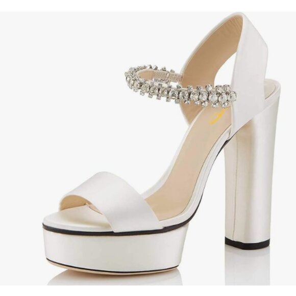 XYD Shoes - XYD Ivory Sexy Open Toe Strappy Platform Sandal Rhinestone High Chunky Heel Shoe